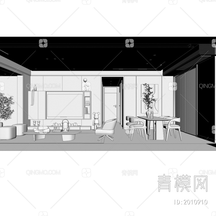 客餐厅，多人沙发，茶几，酒柜，电视柜，背景墙，餐桌3D模型下载【ID:2010910】