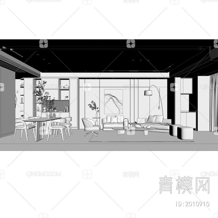客餐厅，多人沙发，茶几，酒柜，电视柜，背景墙，餐桌3D模型下载【ID:2010910】