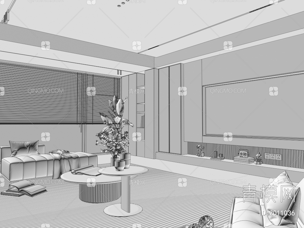 客厅 无主灯客厅 沙发组合 茶几组合 饰品3D模型下载【ID:2011036】