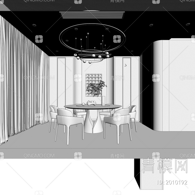 餐厅，餐桌，酒柜，吊灯，窗帘3D模型下载【ID:2010192】