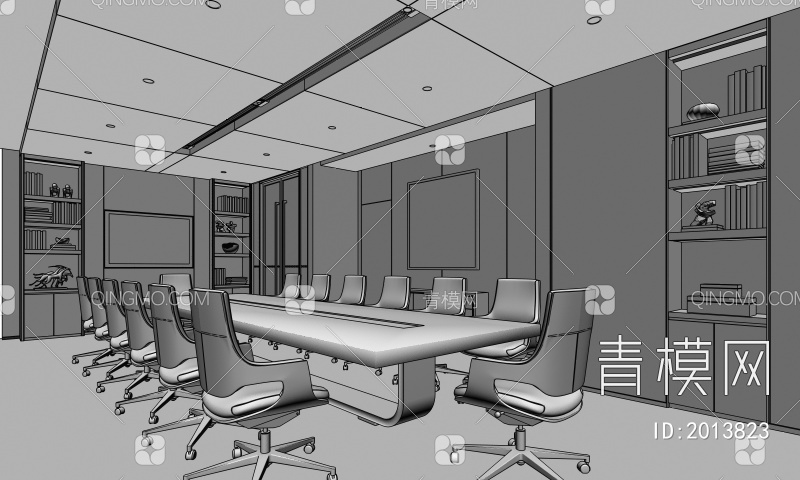 会议室 办公桌 书柜 摆件 无主灯设计 挂画3D模型下载【ID:2013823】
