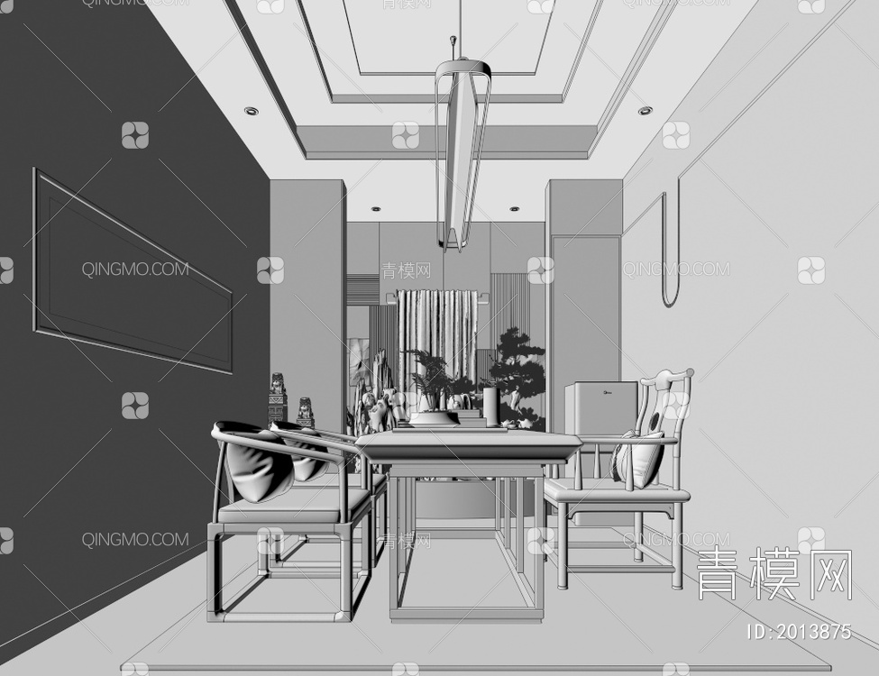 茶室 茶桌  茶桌椅组合 墙画 吊灯3D模型下载【ID:2013875】