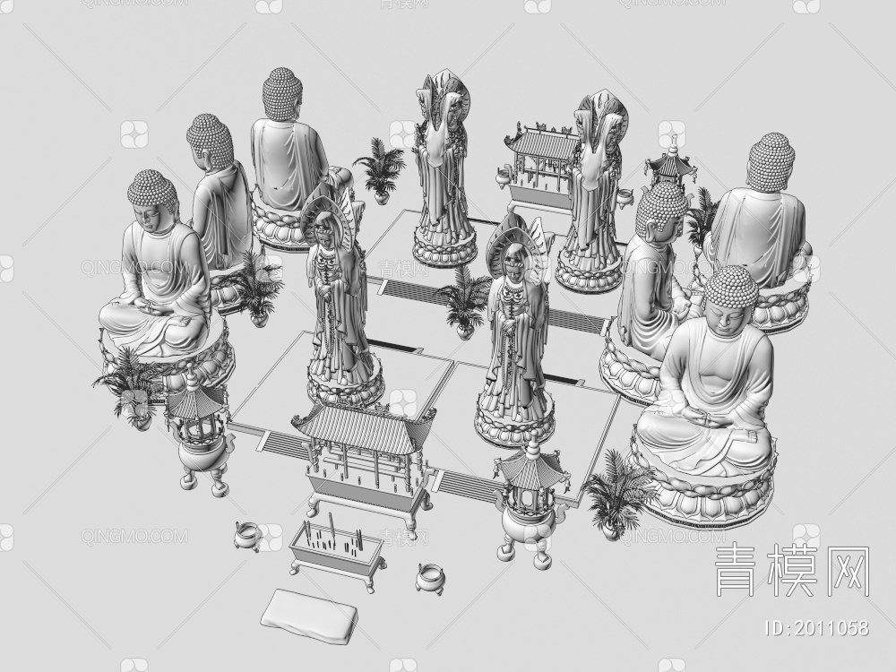 佛像 香炉 四面观音 如来佛 如来佛雕像 佛祖雕像3D模型下载【ID:2011058】
