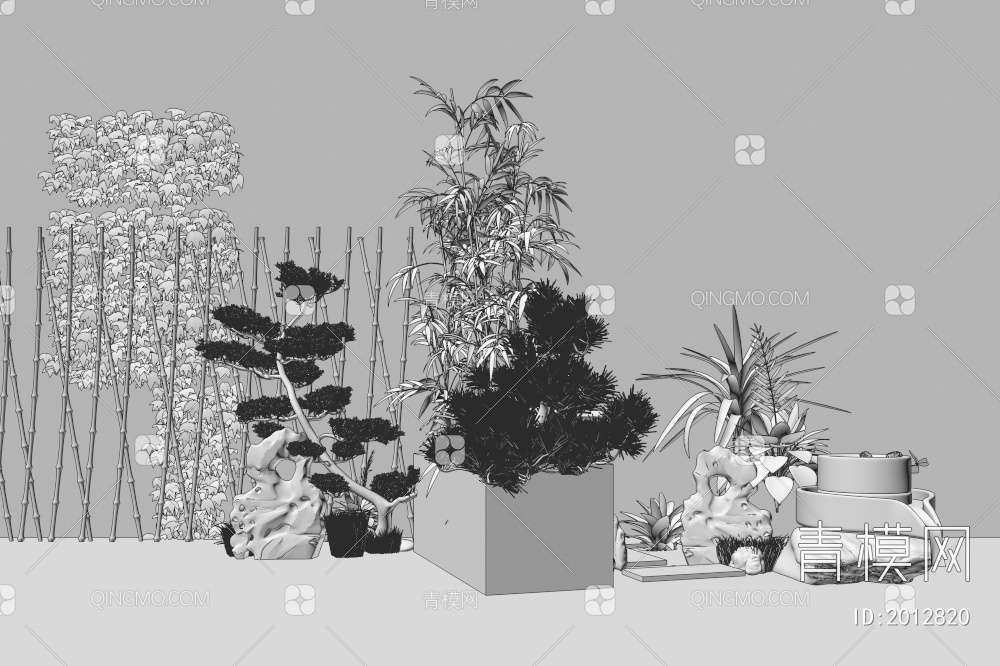 景观植物竹子，景观竹，小松树，园林小品，石头，石磨3D模型下载【ID:2012820】