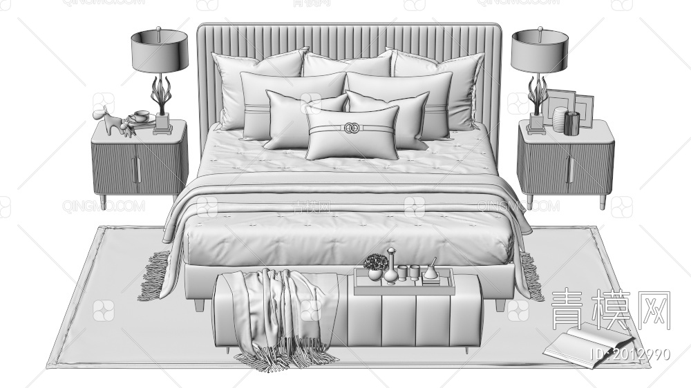 床和床头柜组合3D模型下载【ID:2012990】