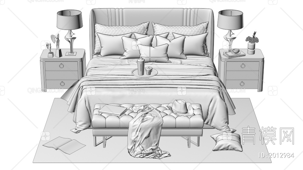 床和床头柜组合3D模型下载【ID:2012984】