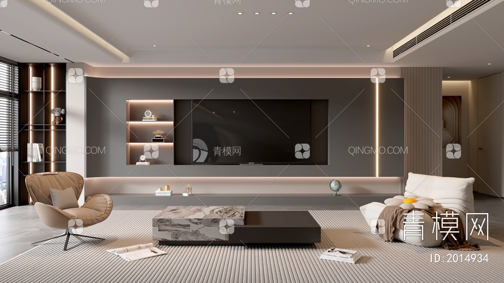 家居客厅 电视背景墙 客厅 茶几组合 沙发 电视柜 极简客厅3D模型下载【ID:2014934】