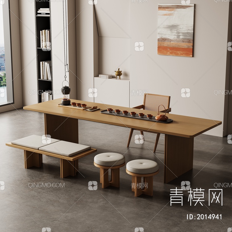 实木茶桌椅组合3D模型下载【ID:2014941】