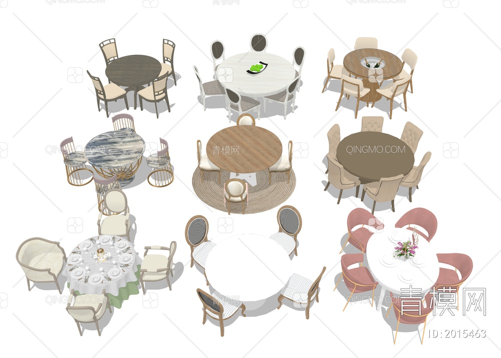 餐厅圆形餐桌椅SU模型下载【ID:2015463】