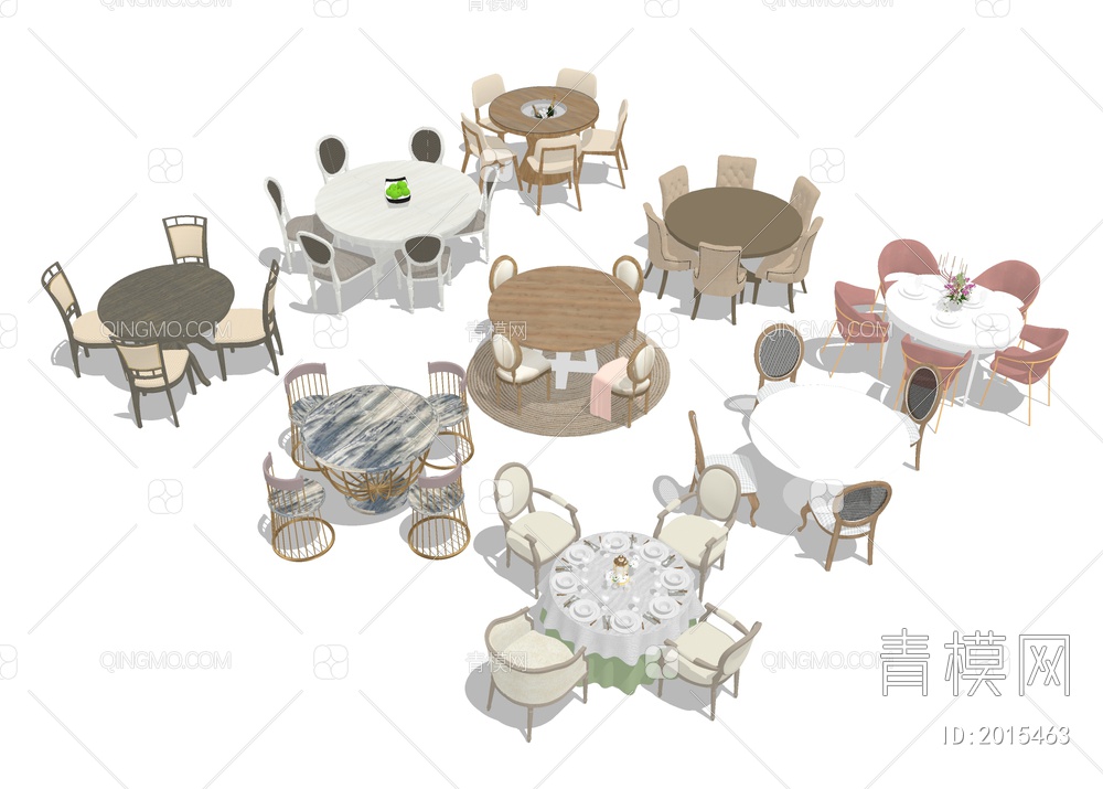 餐厅圆形餐桌椅SU模型下载【ID:2015463】