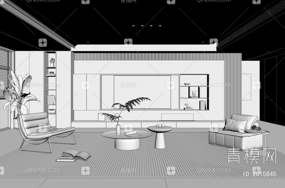 家居客厅 电视背景墙 客厅 茶几组合 沙发 电视柜 极简客厅3D模型下载【ID:2015845】