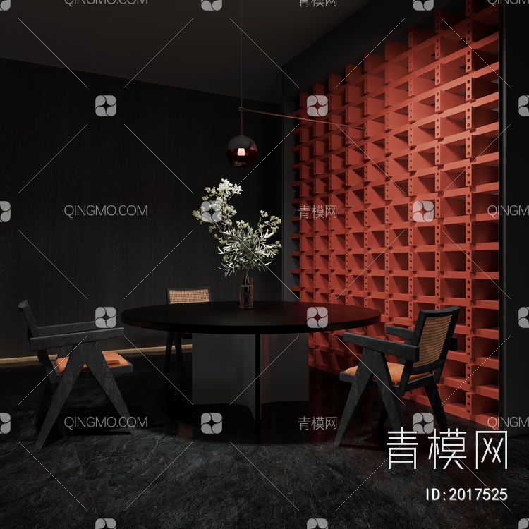 暗黑 餐饮 红砖 花艺 盆栽 餐桌椅 包厢3D模型下载【ID:2017525】