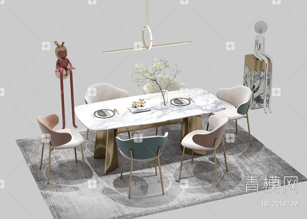 餐桌椅 吊灯 地毯组合3D模型下载【ID:2019749】