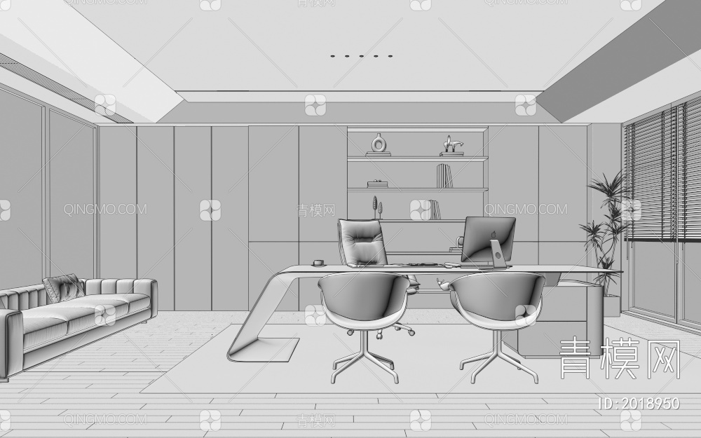 办公室 经理 办公桌椅 办公沙发 办公椅 书柜 地毯 装饰柜 卷帘3D模型下载【ID:2018950】