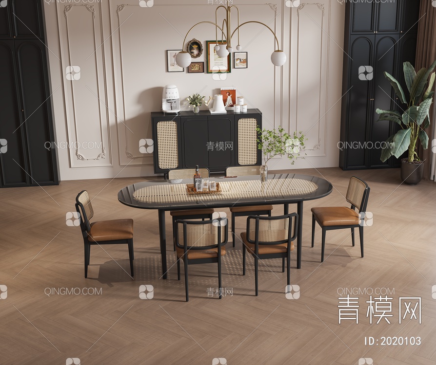 餐桌 边柜 吊灯 餐椅3D模型下载【ID:2020103】