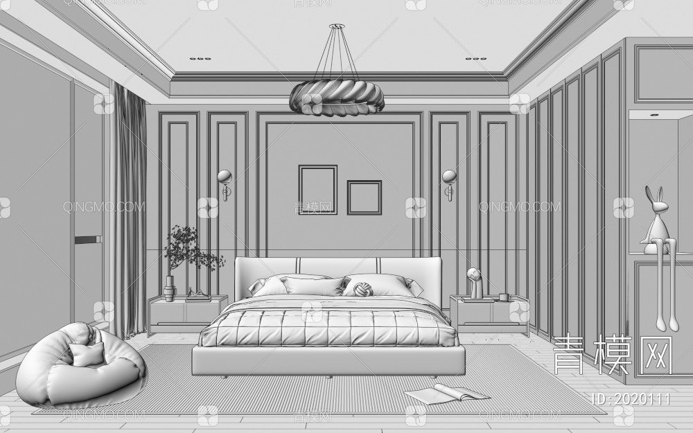 卧室 床 休闲椅 吊灯 挂画 壁灯3D模型下载【ID:2020111】