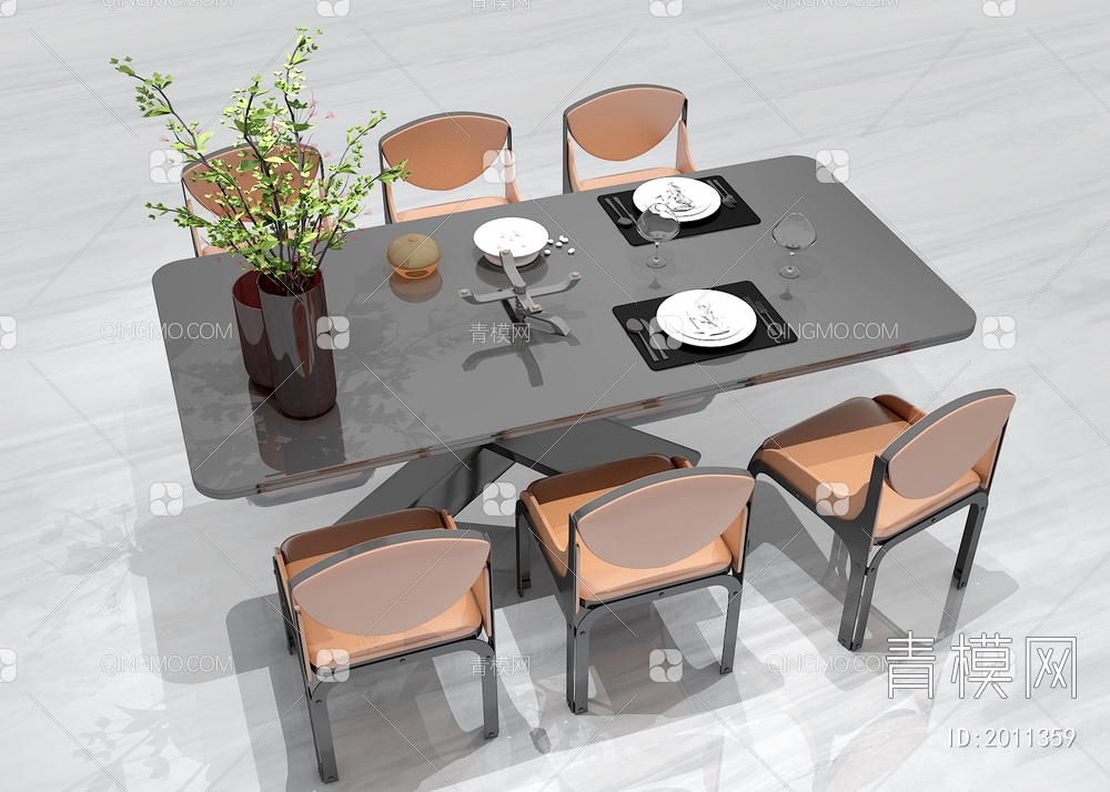 餐桌椅组合 绿植3D模型下载【ID:2011359】