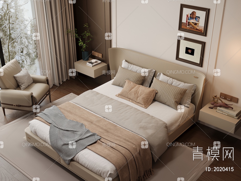 家居卧室 双人床 主卧 饰品摆件3D模型下载【ID:2020415】