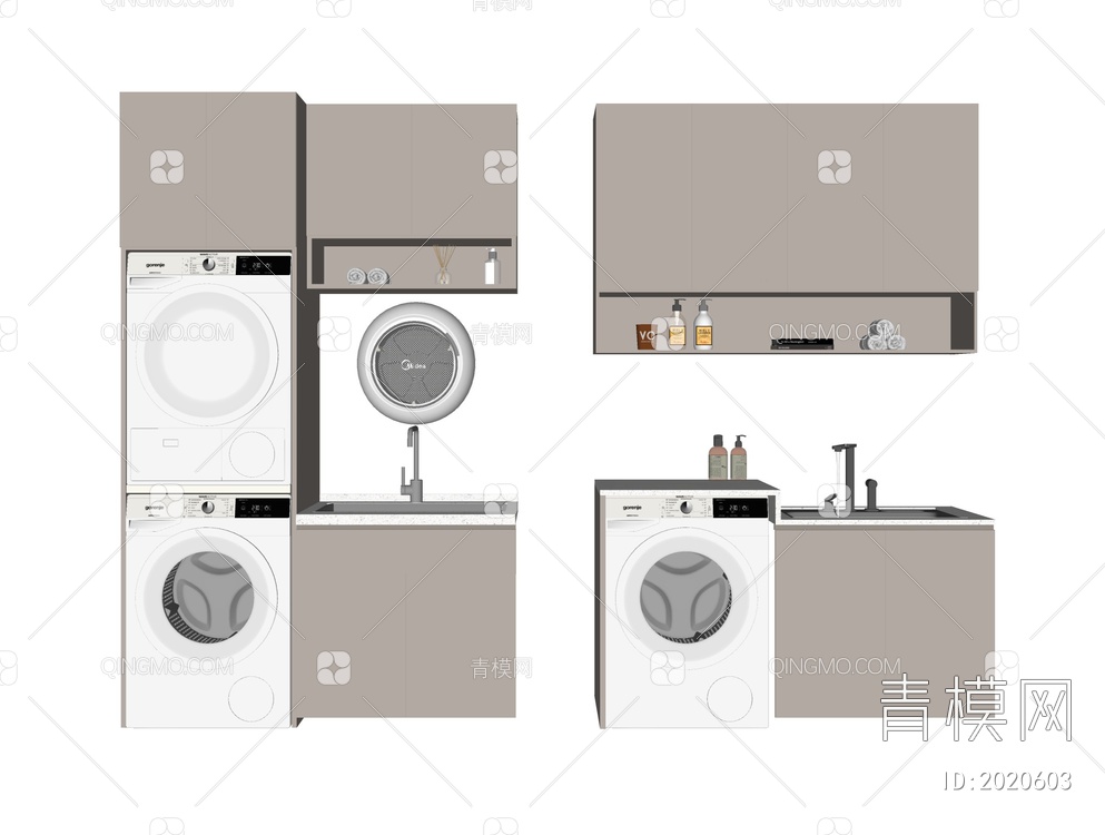 阳台洗衣柜  洗衣机组合SU模型下载【ID:2020603】