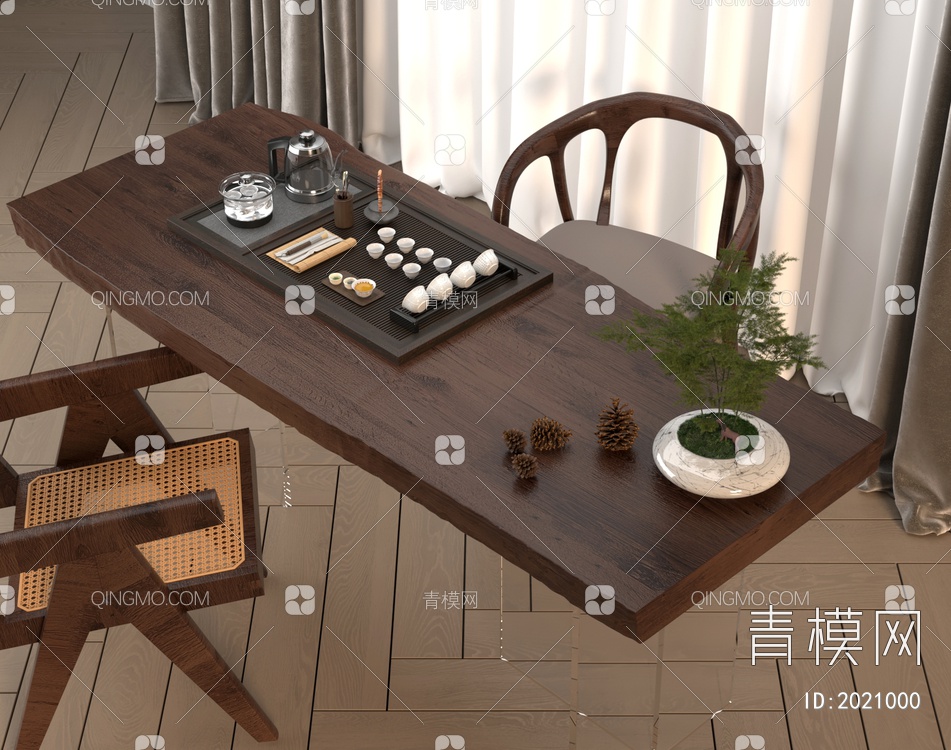 茶桌椅 木地板 窗帘 纱帘3D模型下载【ID:2021000】