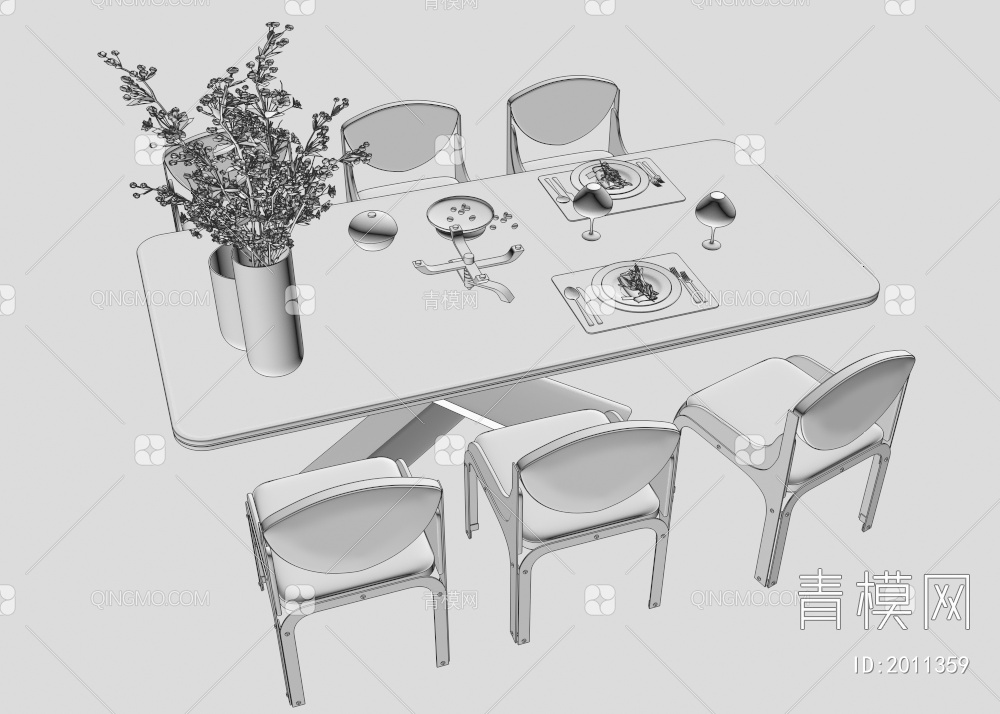 餐桌椅组合 绿植3D模型下载【ID:2011359】