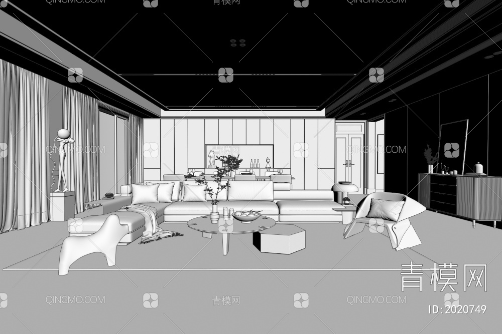 沙发电视墙 客餐厅 意式客餐厅3D模型下载【ID:2020749】