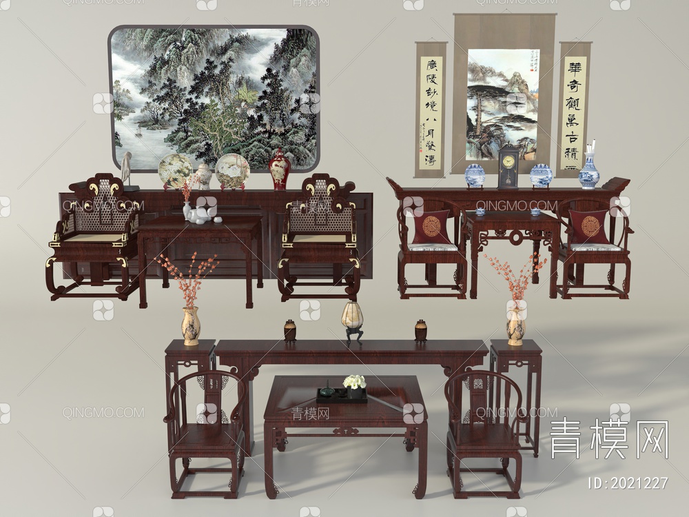 中堂桌椅组合3D模型下载【ID:2021227】