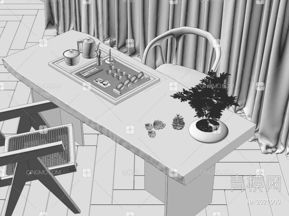 茶桌椅 木地板 窗帘 纱帘3D模型下载【ID:2021000】
