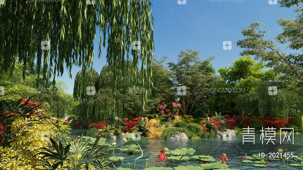 户外深林，池塘，荷花，河边水景3D模型下载【ID:2021455】