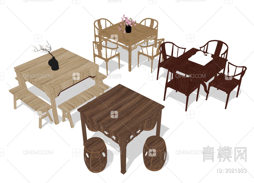 茶桌椅 实木座椅SU模型下载【ID:2021883】