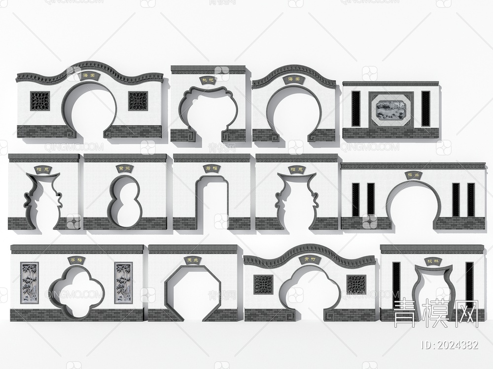 仿古拱形门洞的围墙门拱3D模型下载【ID:2024382】