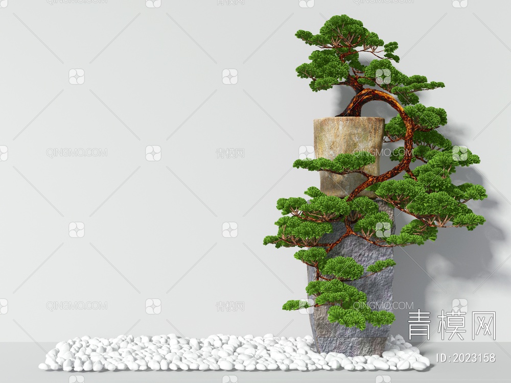 放在石柱上的松树盆景盆栽3D模型下载【ID:2023158】