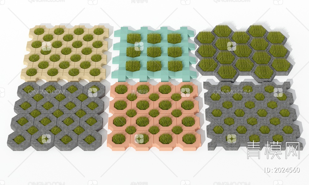长满绿草的六边形方形草坪砖3D模型下载【ID:2024560】