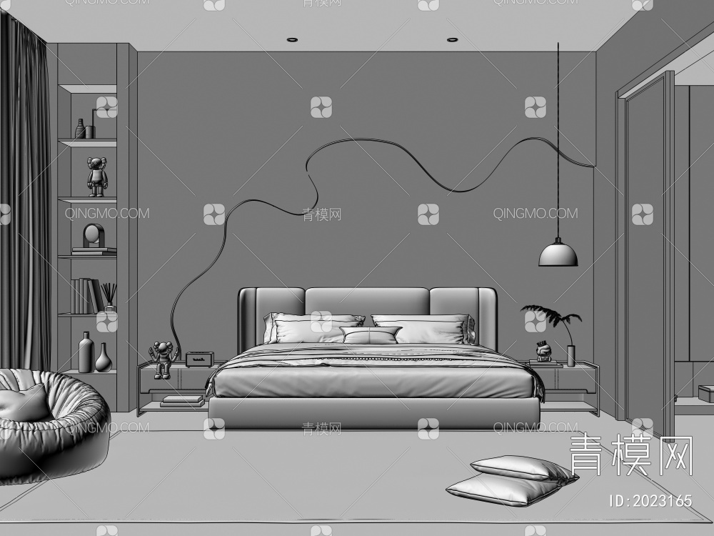 卧室 皮革双人床 床头柜3D模型下载【ID:2023165】