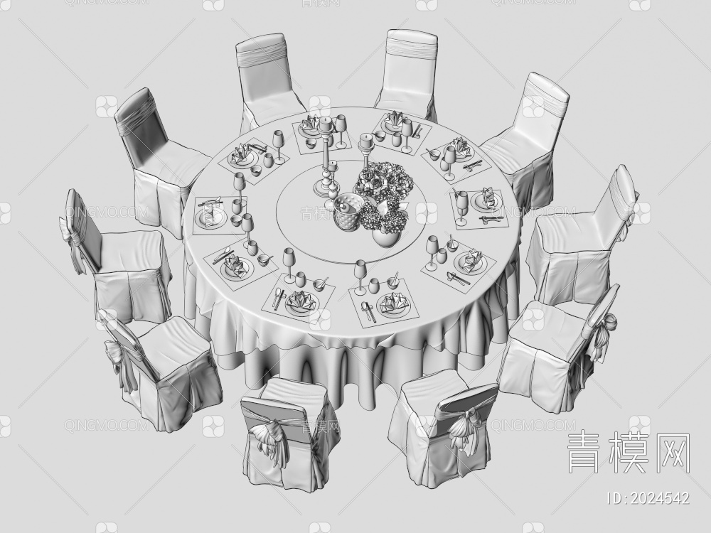 圆形酒店餐桌椅组合3D模型下载【ID:2024542】