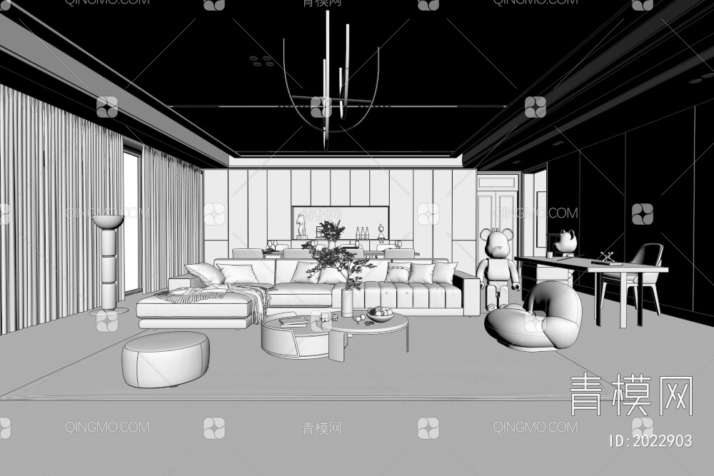 沙发电视墙客餐厅3D模型下载【ID:2022903】
