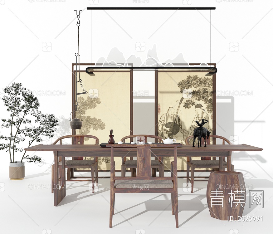 长方形实木茶桌椅组合3D模型下载【ID:2025991】