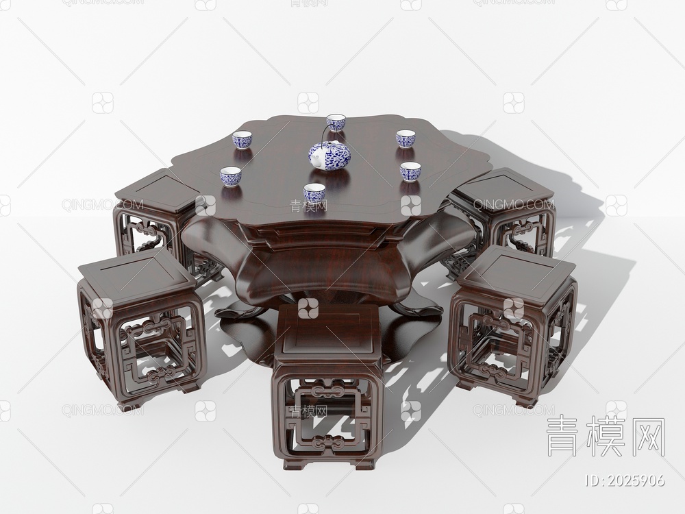 不规则多边形实木茶桌和方形雕花凳子3D模型下载【ID:2025906】