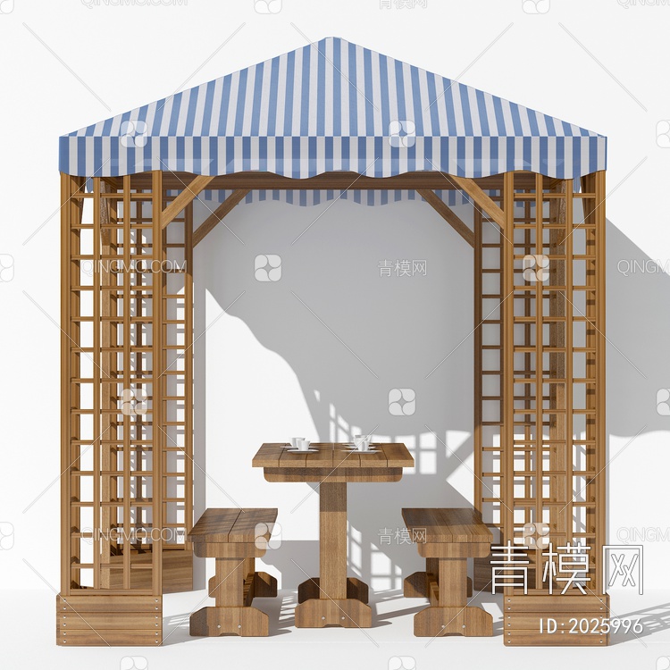 亭子 遮阳棚、长条户外桌子、凳子组合3D模型下载【ID:2025996】