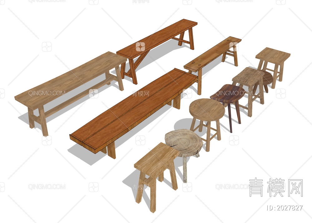 实木板凳 矮凳长凳SU模型下载【ID:2027827】