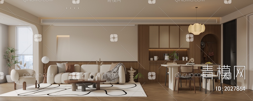 客餐厅 沙发 餐桌 吊灯 落地灯 茶几3D模型下载【ID:2027864】