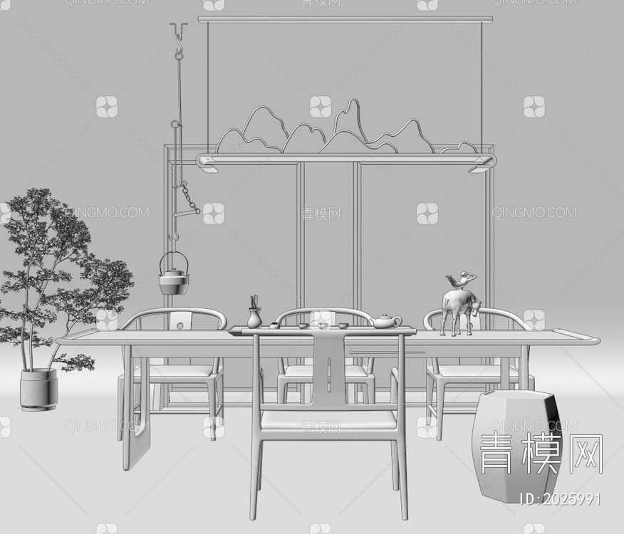 长方形实木茶桌椅组合3D模型下载【ID:2025991】
