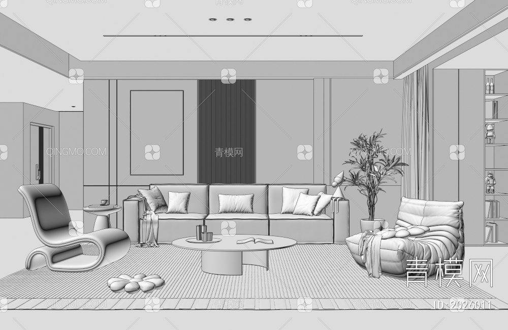客厅 三人沙发 玻璃茶几 休闲椅 懒人沙发3D模型下载【ID:2026011】