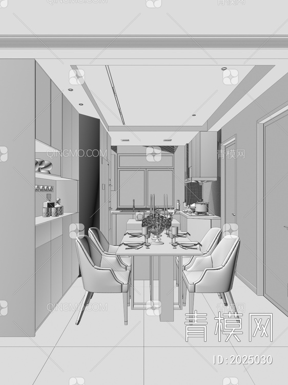 一体开放式厨房餐厅3D模型下载【ID:2025030】