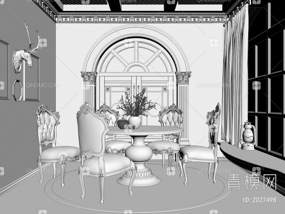 雕花餐厅 餐桌餐椅3D模型下载【ID:2027498】