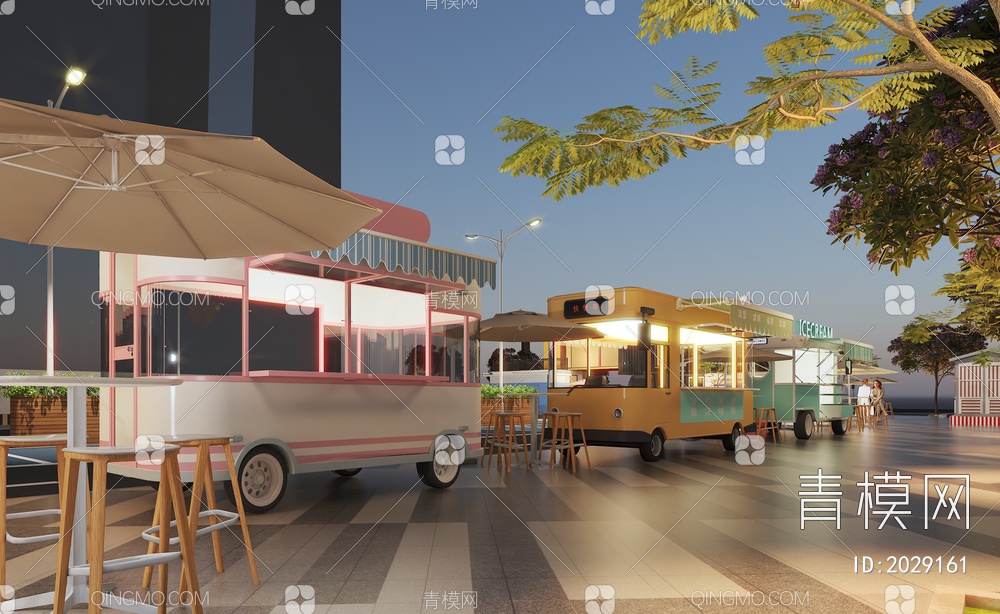 户外快餐车 夜市小吃街 商业街3D模型下载【ID:2029161】