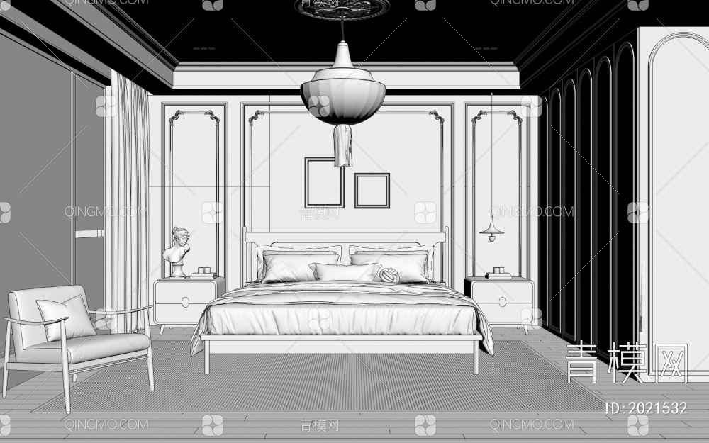复古卧室 床 休闲椅 吊灯 床头柜3D模型下载【ID:2021532】