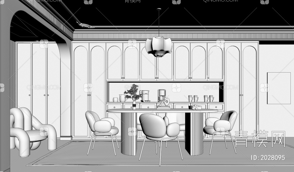 餐厅 餐桌椅 吊灯3D模型下载【ID:2028095】