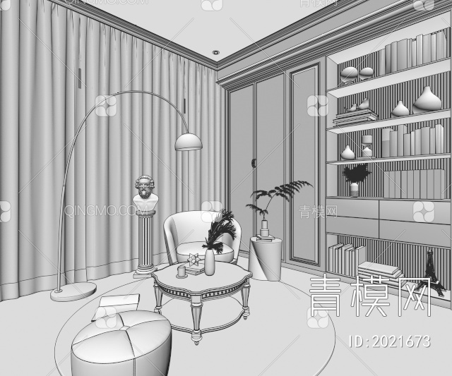 书房，书柜，休闲区3D模型下载【ID:2021673】