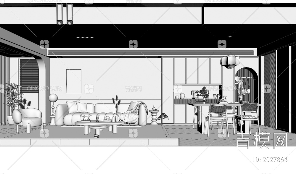 客餐厅 沙发 餐桌 吊灯 落地灯 茶几3D模型下载【ID:2027864】